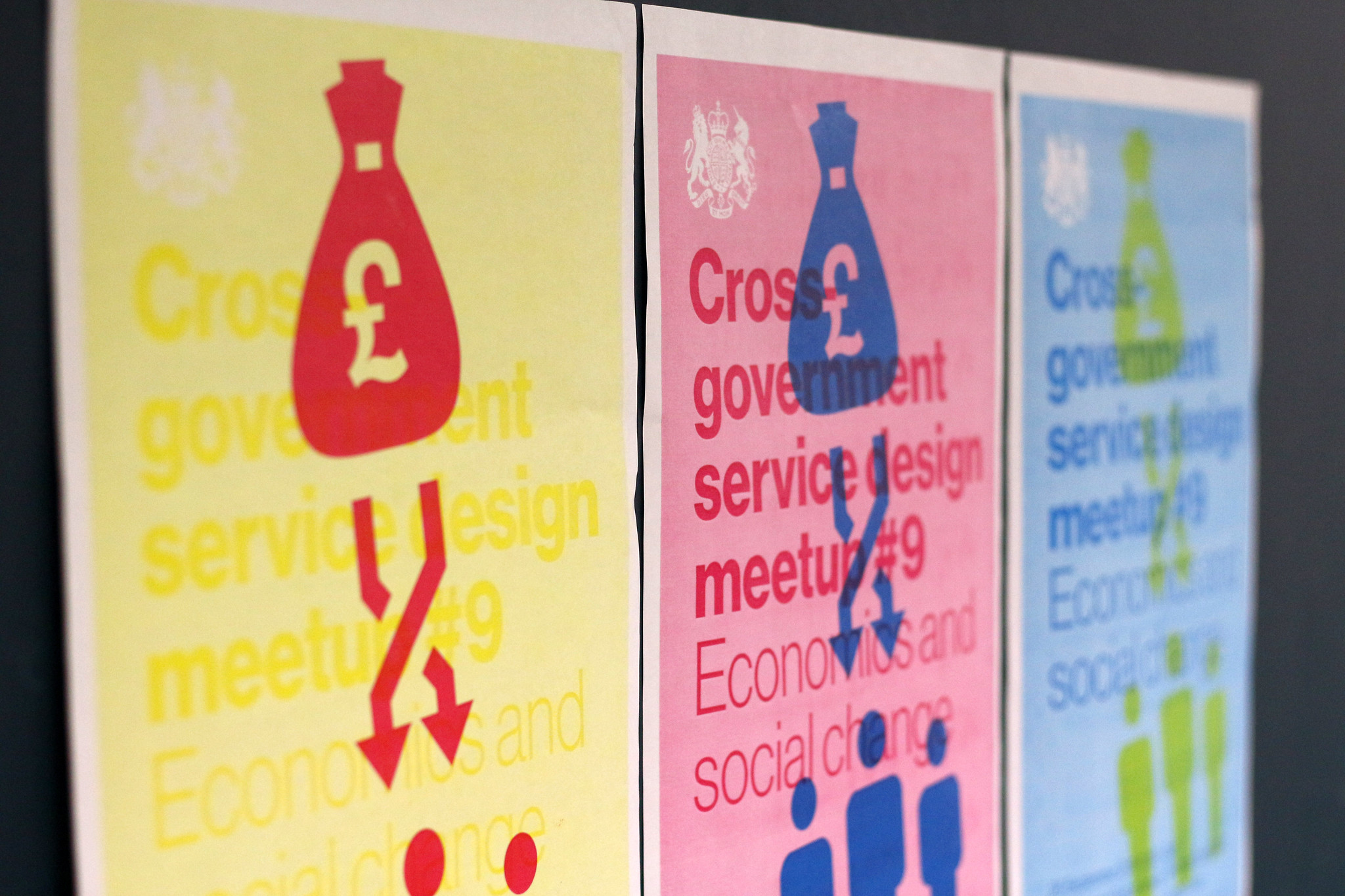 An image of 3 colourful posters for the Cross government service design community meetup, tilted "Economics and social change"