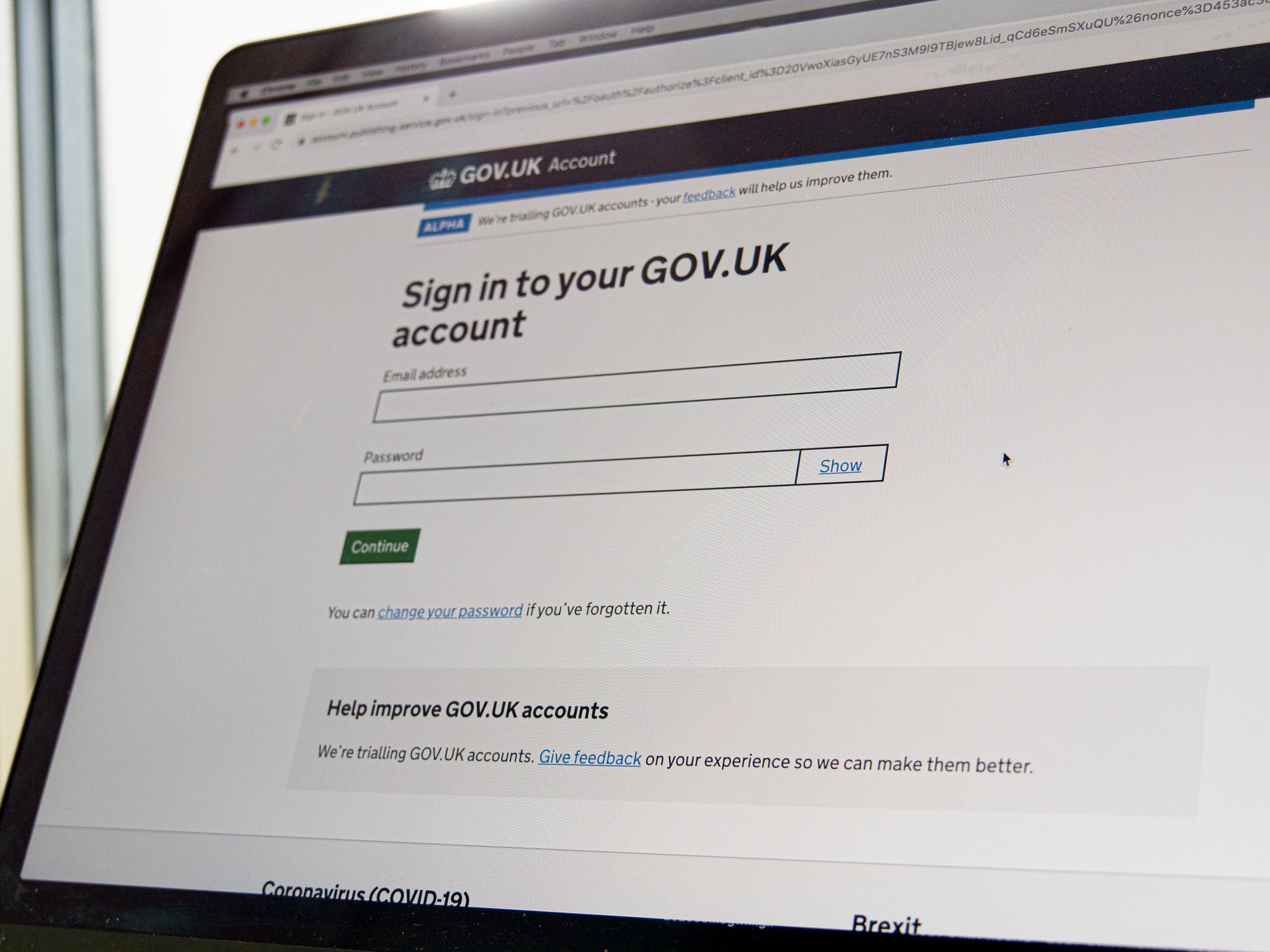 Image of a closeup to a laptop screen where the GOV.UK Sign in page is visible