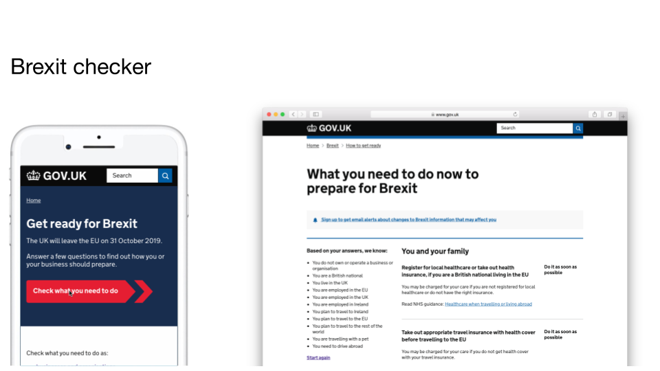 Image of a mockup of a smartphone view and a desktop view, both with the Brexit checker tool on its screen. The title of the image is 'Brexit checker'. On the left is the mobile view which has the start button to access the Brexit checker. On the right is the desktop view which show the results page user see at the end of the journey through the Brexit checker