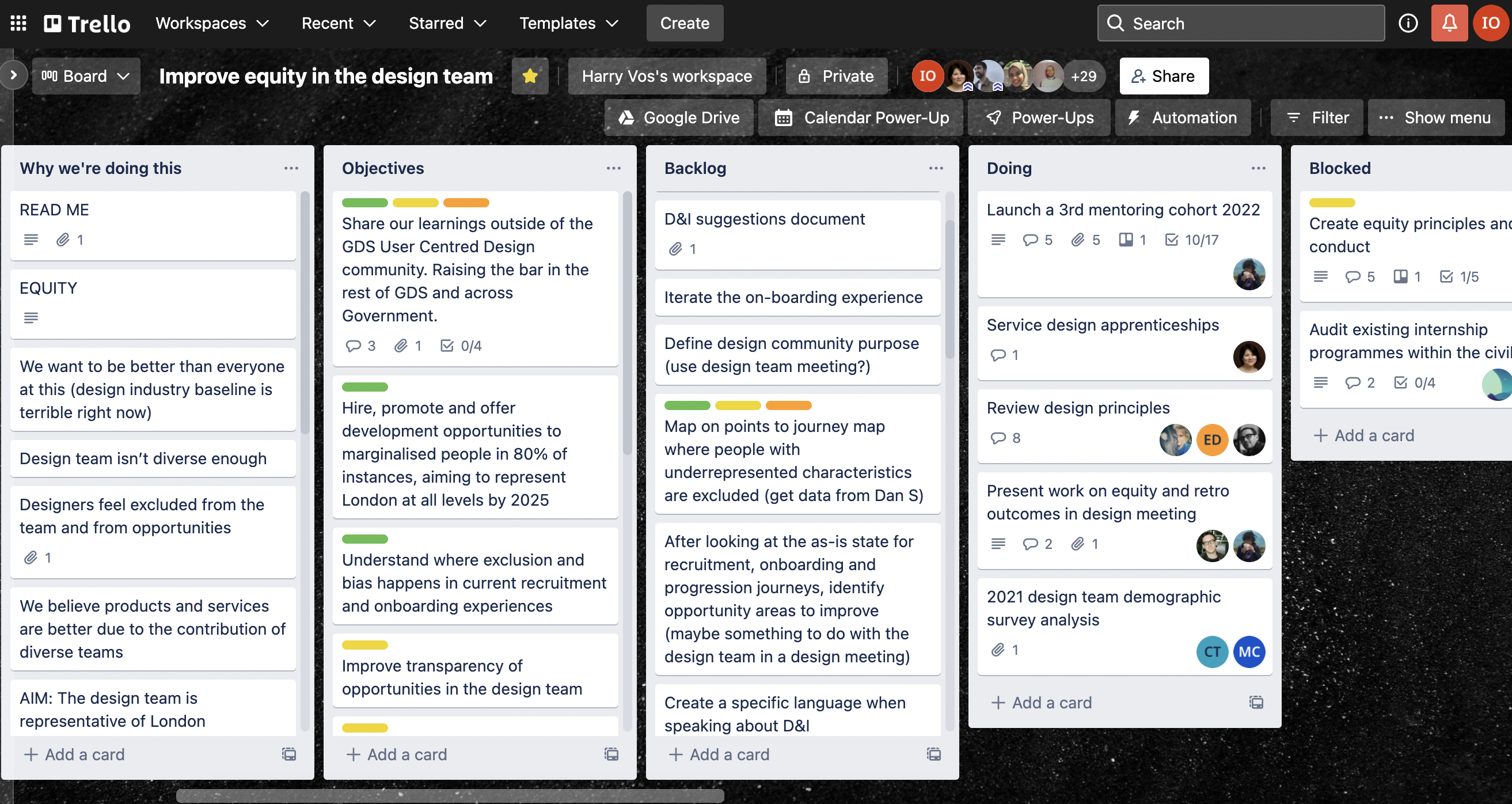Screenshot of the improve equity in the design team working group trello board. There are 4 columns. They are 'why are we doing this', 'objectives', 'backlog', 'doing', and 'blocked'. Under each column there are cards that describe the work that is being done.