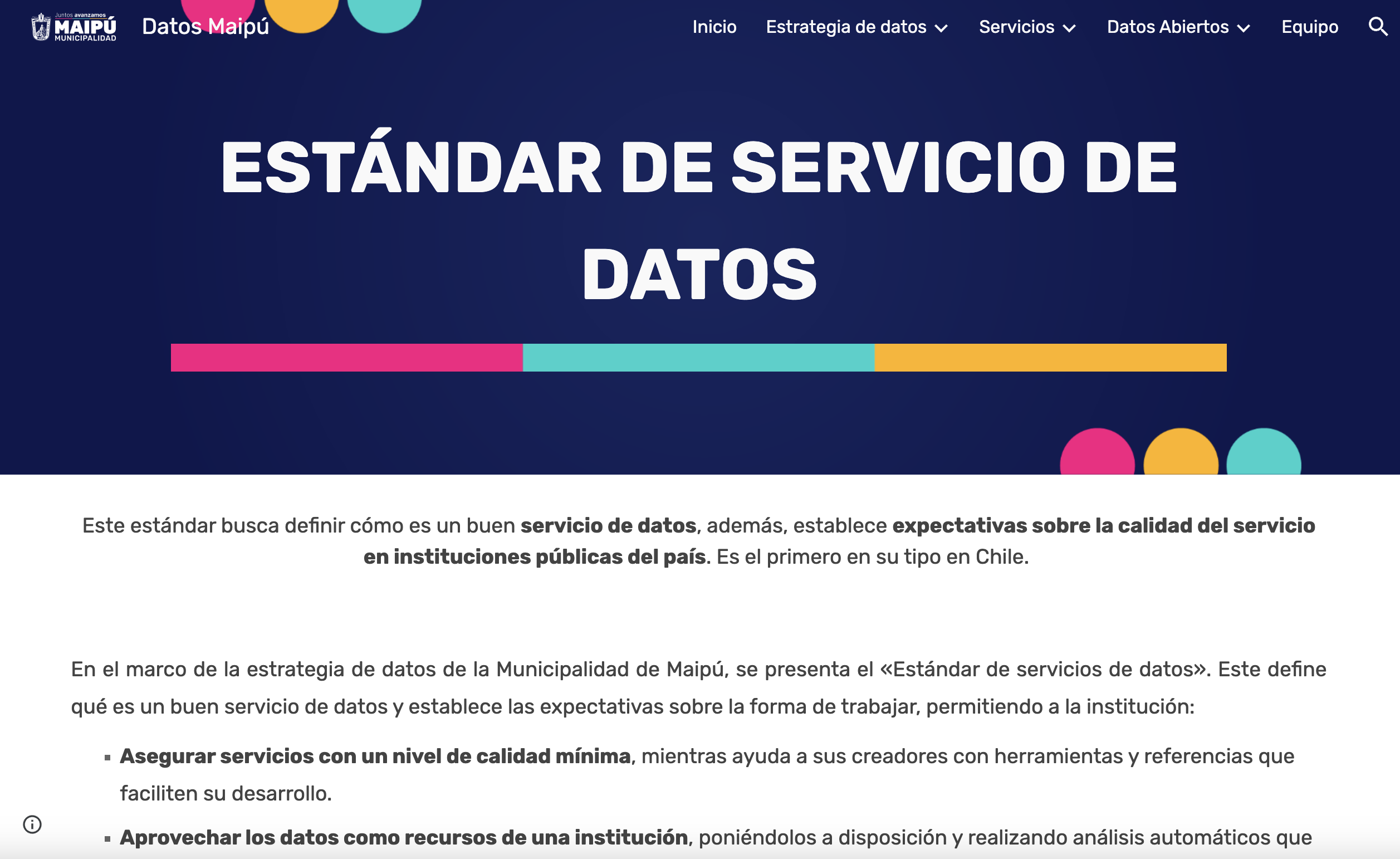 The Data as a Service Standard Estándar published on the Municipality of Maipú's website.