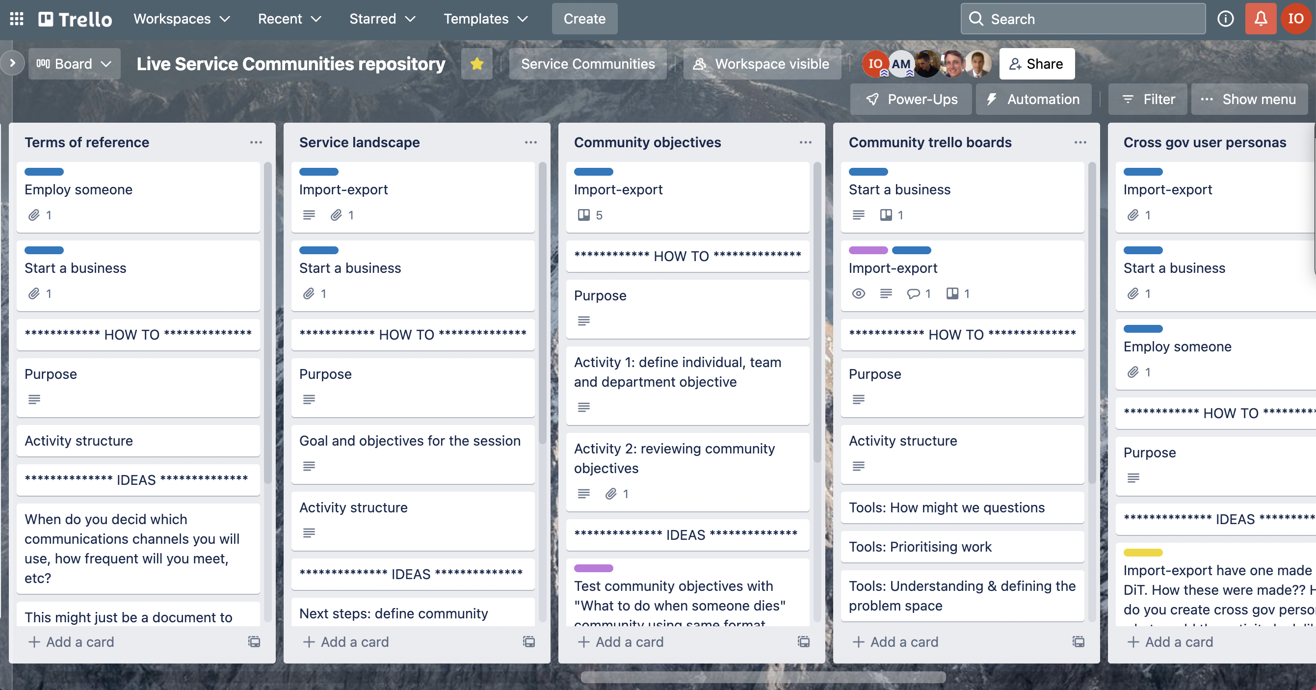 Screenshot of the service communities repository trello board. The title of the columns in the board are 'terms of reference', 'service landscape', 'community objectives', 'community trello boards', 'cross gov user personas'. Under each column there are examples of artefacts, activities, and ideas.